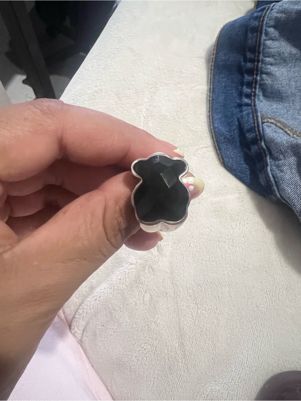 Tous Silver Bear Ring with Black Center Stone